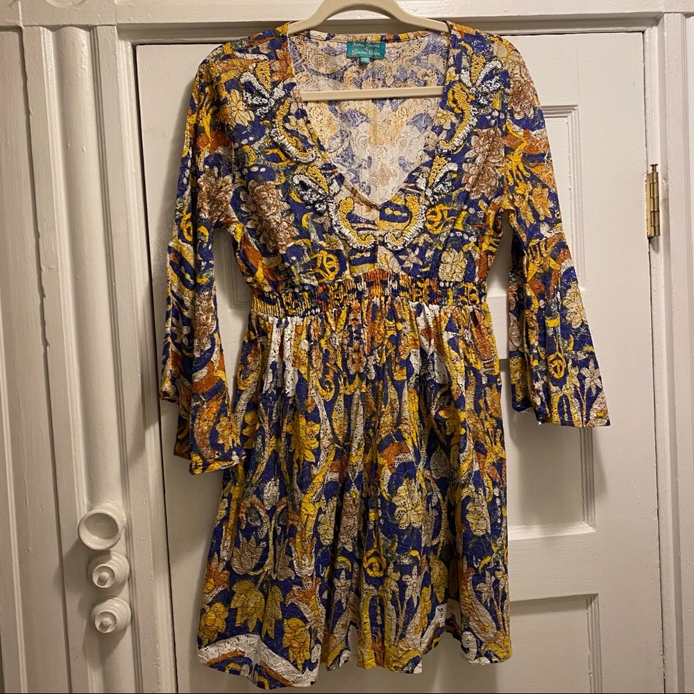 EUC Antica Sartoria Yellow Blue Beaded Lace Dress One Size